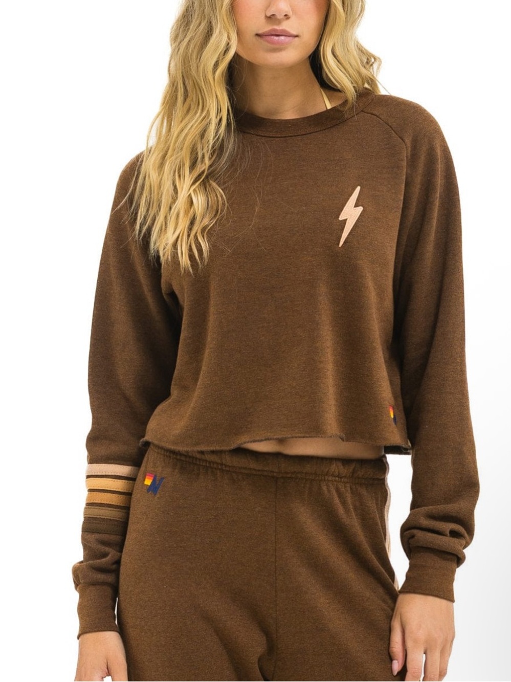 NWT Aviator Nation Bolt Rugby Stitch Cropped Crew Sweatshirt Espresso M